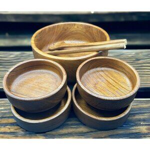 Vtg Dolphin Genuine Teakwood Large Salad Bowl Set Farmhouse Primitive 1970s 7 Pc